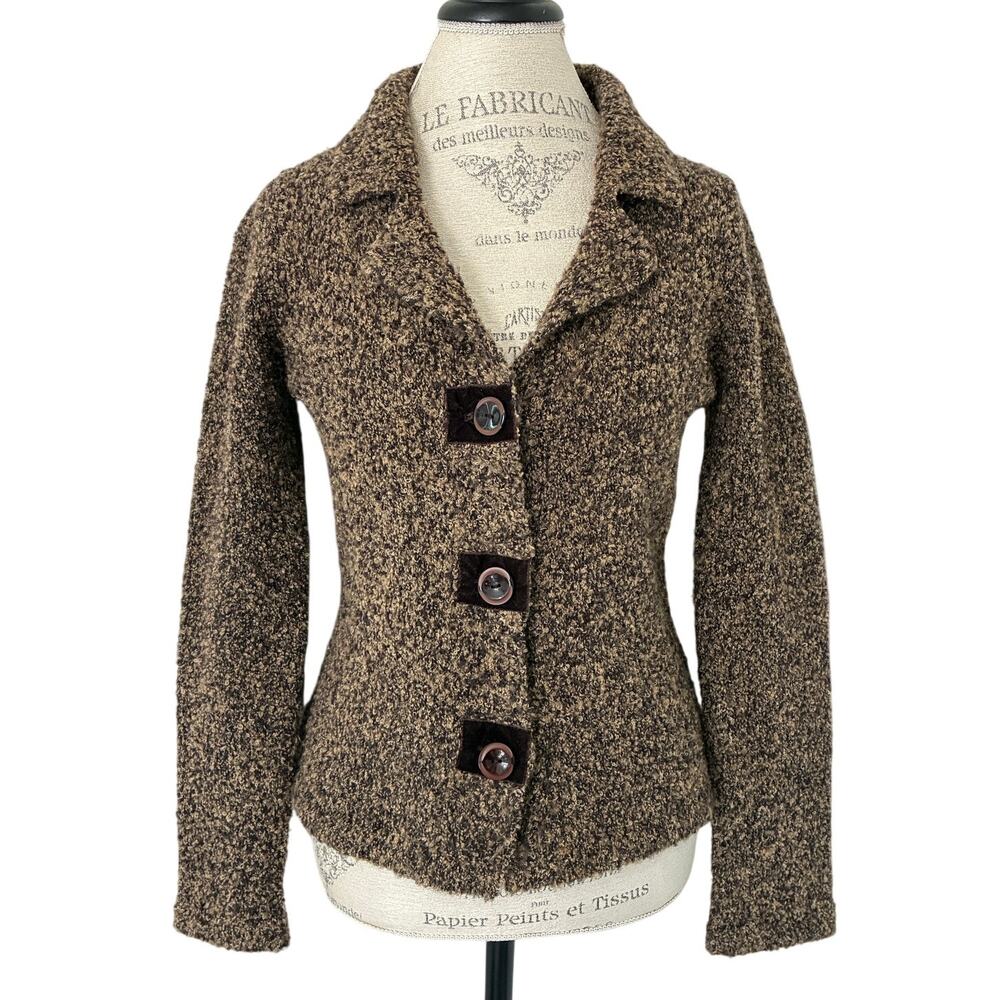 Vintage Wool Brown Textured Knit Liz Claiborne Collared Cardigan Jacket Size S
